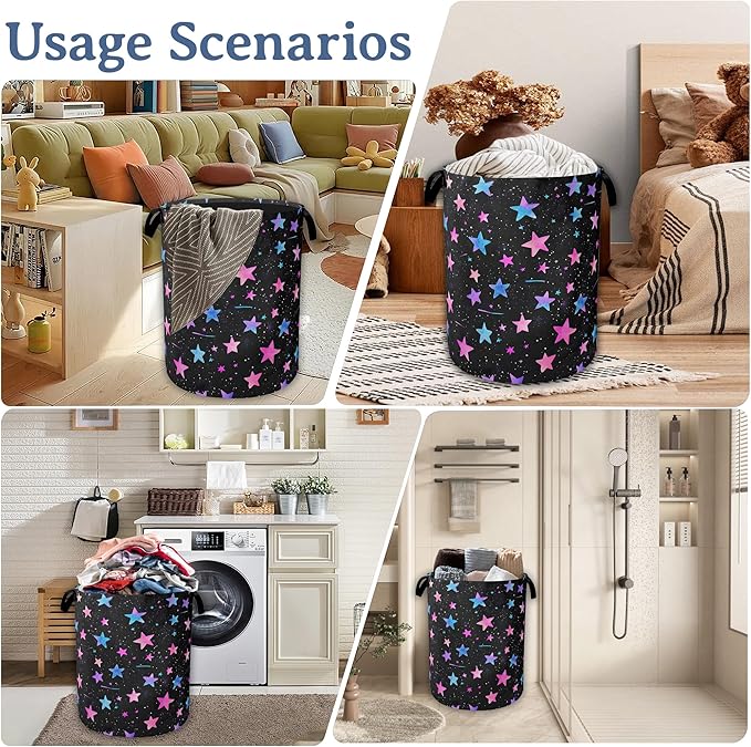 Blue Pink Stars Laundry Basket,Oxford Cloth Laundry Hamper With Handle Foldable Portable Clothes Storage Basket for Laundry Room/Bedroom/Bathroom 20.8"x16"
