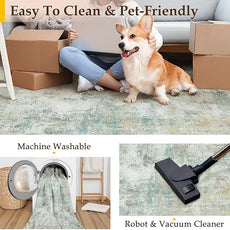 9x12 Area Rug Teal Beige Abstract Living Room Bedroom Washable Carpet Neutral Modern Non-Slip Soft Low Pile Lightweight Vacuumable Large Throw Rug for Dining Room