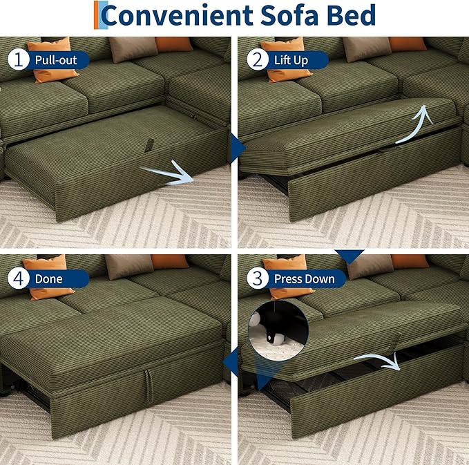 GarveeHome Sectional Sleeper Sofa with Pull Out Bed, Corduroy Modular Sectional 6 Seat Couch with Pull Out Couch and Storage Seat & 2 Ottomans, Convertible Couches for Living Room