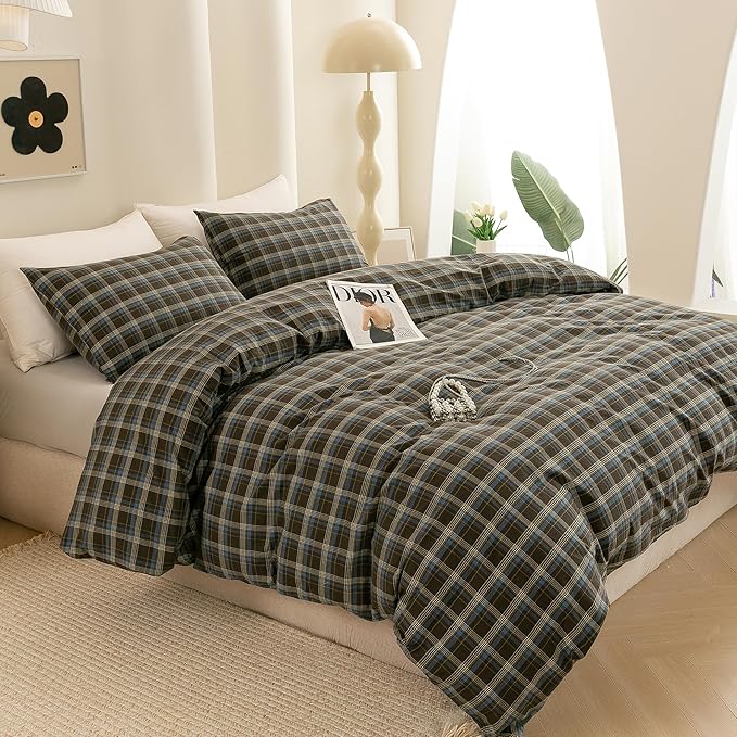 ECOCOTT Buffalo Plaid Duvet Cover Queen Size – 3 Piece Washed Cotton Brown & Blue Bedding Set, Soft & Breathable, Reversible Checkered Design with Zipper Closure & Corner Ties