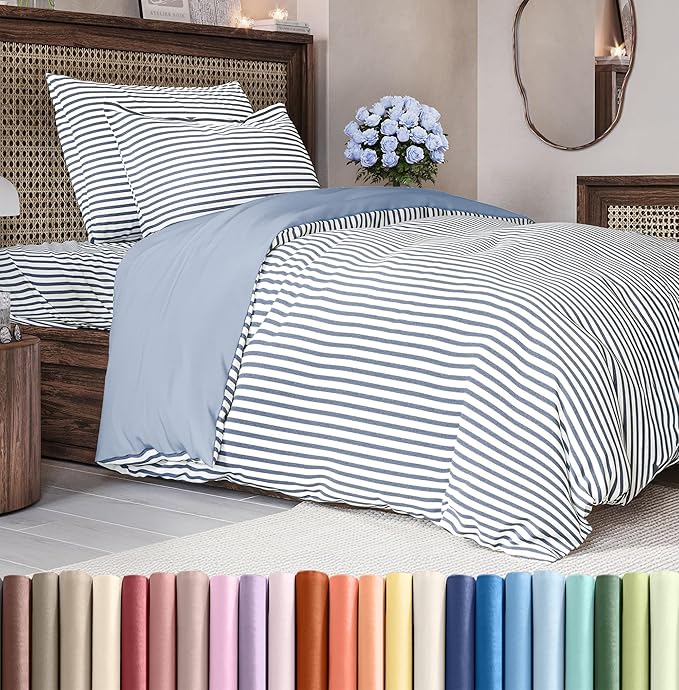 Duvet Cover Twin/Twin XL Size Set - Extra Soft Duvet Cover 68 x 90 with 1 Pillow Sham - Hotel Luxury, Easy Care and Fade Free w/ Zipper Closures & Ties - Comfy, Breathable Bedding Set (Blue Stripes 2)
