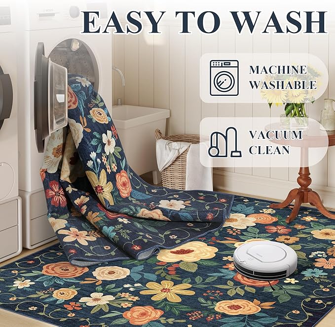 DUKINO 9x12 Area Rug, Floral Rugs for Living Room, Lightweight Non Slip Washable Rug, Indoor Low Pile & Non-Shedding Boho Design Rugs for Bedroom, Living Room, Dining Room, Dark Blue