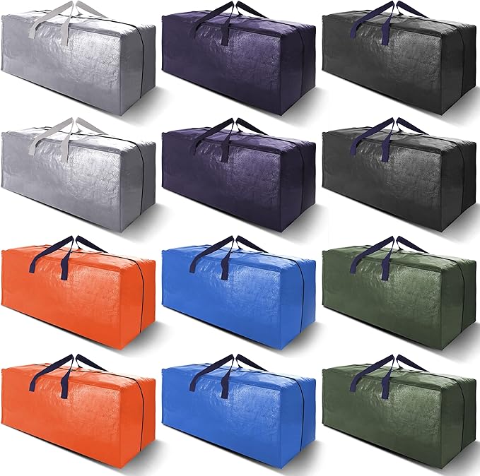 12 Pack Heavy Duty Extra Large Moving Bags W/Backpack Straps - Strong Handles & Zippers, Storage Totes For Space Saving, Fold Flat, Alternative to Moving Box and Storage Bin, Multicolor