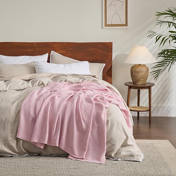 Bedsure Gentlesoft 100% Cotton Blanket King Size for Bed - Breathable and Soft, Thick Cozy Waffle Weave Christmas Blanket Gift for Women, Pink, 104x90 inches
