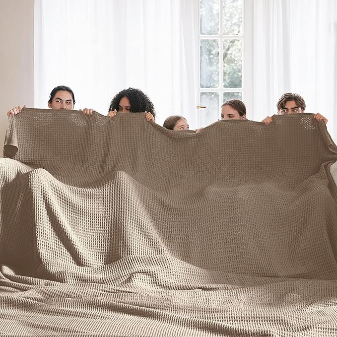 Bedsure Gentlesoft 100% Cotton Large Blanket Oversized King for Bed - Breathable Thick Waffle Weave Blanket for Summer, Couch Cover, Light Brown, 120x94 inches