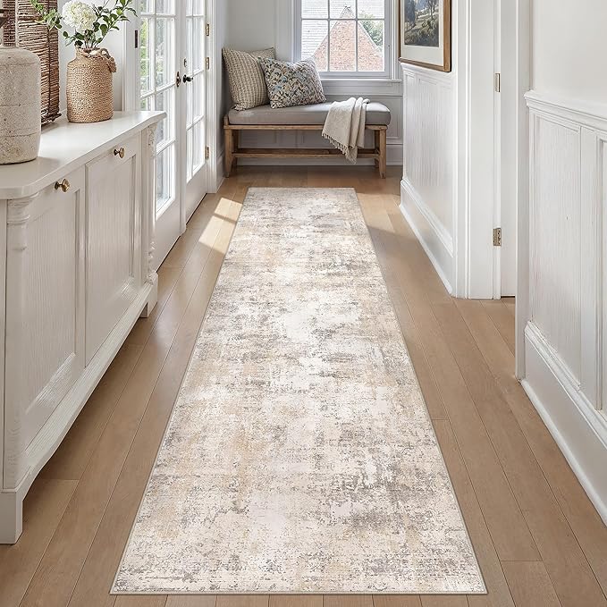 3x10 Washable Runner Rug Beige Grey Abstract Hallway Kitchen Throw Rug Neutral Modern Non Slip Soft Low Pile Carpet for Bathroom Laundry Bedroom Living Room