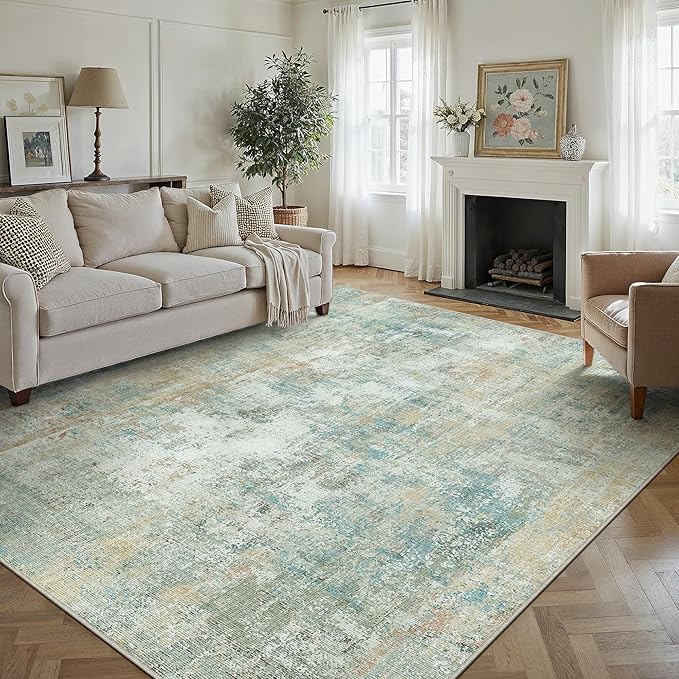 9x12 Area Rug Teal Beige Abstract Living Room Bedroom Washable Carpet Neutral Modern Non-Slip Soft Low Pile Lightweight Vacuumable Large Throw Rug for Dining Room