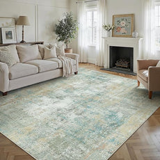12x15 Area Rug Teal Beige Abstract Living Room Bedroom Washable Carpet Neutral Modern Non-Slip Soft Low Pile Lightweight Vacuumable Large Throw Rug for Dining Room
