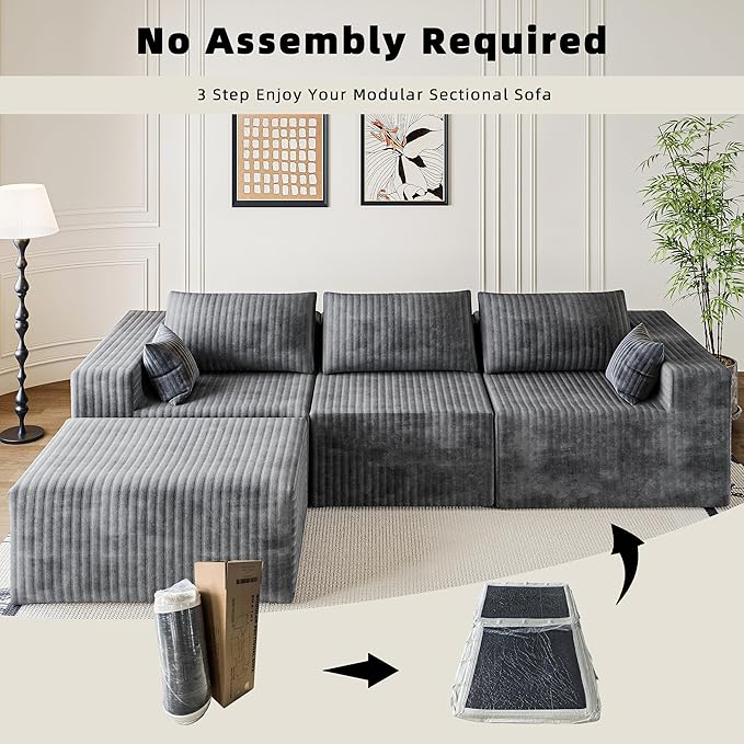 110" Cloud Couch Sectional for Living Room L-Shape Boneless Couches Modular Sectional Sofa with Deep Seat Plush with Chaise,No Assembly Required, Carbon Gray(Plush Corduroy Fabric)