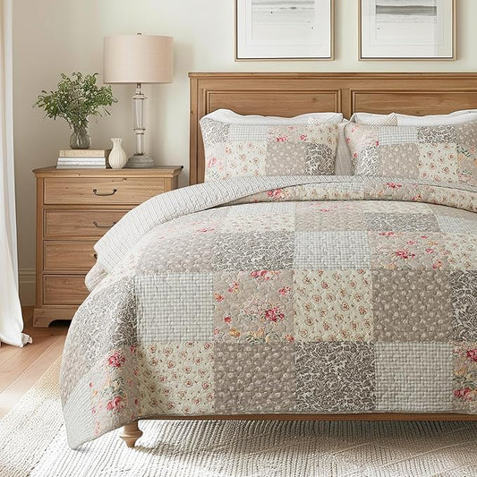 SLPR Walk in The Cotswolds Patchwork Cotton Pieced Quilt Set - King Size with 2 Shams, Neutral Floral & Cream Cottage Quilted Bedspread, French Country Farmhouse Bedding for All Seasons