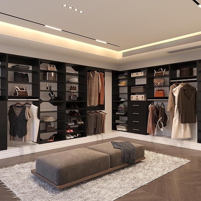 Modular Closet System, 52" Wide Closet Organizer System with Hanging, Wood Tower Closet Storage for Walk In Closets, Wall Mounted Wardrobe Organizer Kit System, Bedroom, Black