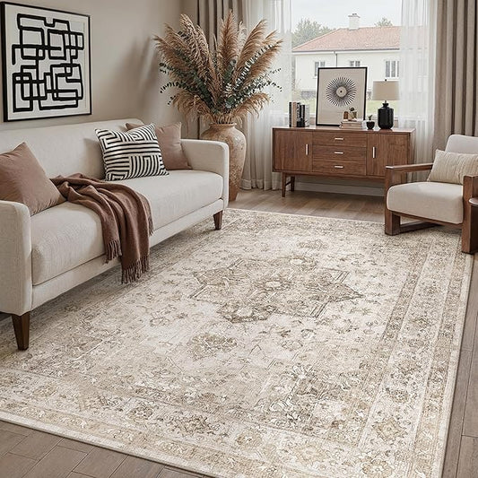 Taupe 6x9 Area Rug Washable Vintage Living Room Carpet Non Slip Retro Distressed Low Pile Soft Oriental Medallion Thin Large Throw Rug for Office Bedroom Dining Room Playroom