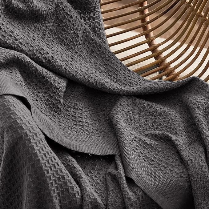 Bedsure Gentlesoft 100% Cotton Blanket Queen Size for Bed - Breathable and Soft, Thick Cozy Waffle Weave Christmas Blanket Gift for Women, Dark Grey, 90x90 Inches