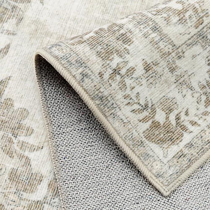 4x5 Area Rug Beige Washable Office Vintage Distressed Carpet Bedroom Indoor Neutral Medallion Floral Living Room Non Slip Retro Throw Floor Mat for Dining Room Kitchen Bathroom