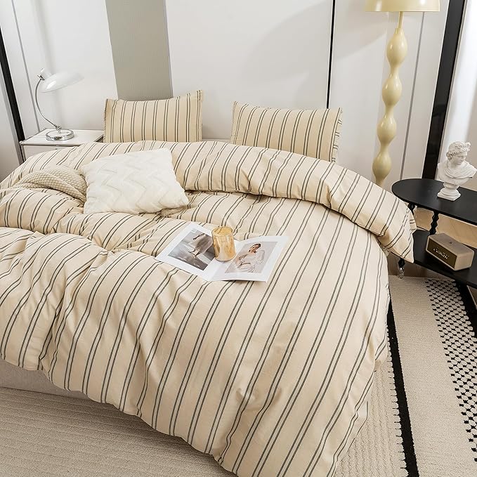 ECOCOTT Duvet Cover Queen Size - Linen Feel Organic Natural 100% Washed Cotton, Soft Breathable & Durable Bedding Set, Comfy Stripe Design for All Seasons