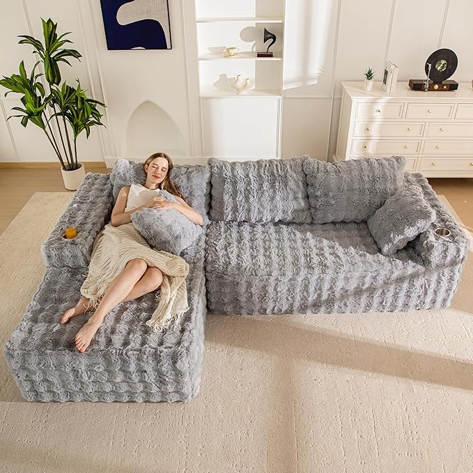 MAXYOYO 104" Modular Sectional Couch with L-Shape Chaise, Modern Boneless Couch for Living Room, Sofa in A Box, Faux Fur Sofa Sleeper with Deep Seat, No Assembly Required, Grey