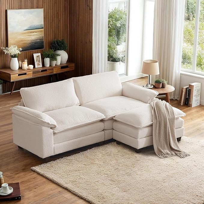VINGLI 87" Convertible Sectional Sofa,L-Shaped Deep Seat Sofa Couch for Living Room,Modern 2-Seat Loveseat Sofa with Ottoman for Small Space(White,Faux Sherpa, 87")