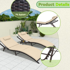 Patio Chaise Lounge Set 3 Pieces Pool Lounge Chairs,Cushioned Outdoor Folding Lounge Chair w/Rattan Adjustable Backrest for Poolside Porch,Folding Table Included,Sand