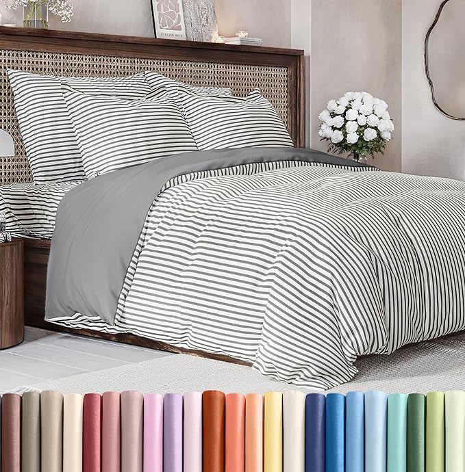 Duvet Cover King Size Set - Extra Soft King Size Duvet Cover 104 x 90 with 2 Pillow Shams - Hotel Luxury Easy Care and Fade Free w/Zipper Closures & Ties - Comfy Breathable Bedding Set (Grey Stripes)