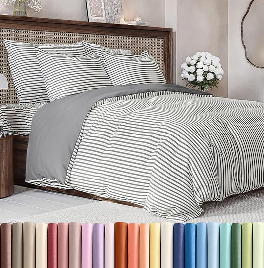 Duvet Cover King Size Set - Extra Soft King Size Duvet Cover 104 x 90 with 2 Pillow Shams - Hotel Luxury Easy Care and Fade Free w/Zipper Closures & Ties - Comfy Breathable Bedding Set (Grey Stripes)