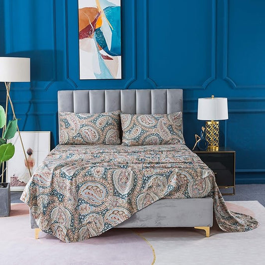 FADFAY Luxury Paisley Sheets Set Queen Classy Blue and Gold Floral Farmhouse Bedding Elegent Blue Paisley Bedding Set 100% Cotton Super Soft Hypoallergenic Deep Pocket Fitted Sheet 4Pcs, Queen Size
