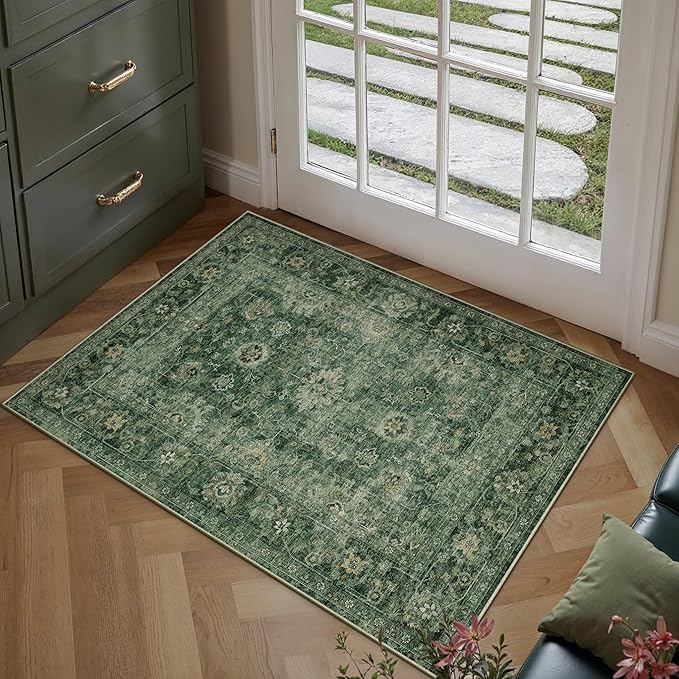 2x3 Washable Area Rug for Entryway Green Vintage Non-Slip Low Pile Distressed Rustic Carpet Lightweight Vacuumable Inoor Door Mat Soft Small Throw Rug for Entrance Bathroom