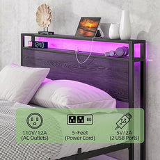 HOJINLINERO Full Size Bed Frame with Storage Headboard/LED Lights, Metal Bed Frame with Charging Station, No Box Spring Needed, Heavy Duty Metal Slats Support, Black