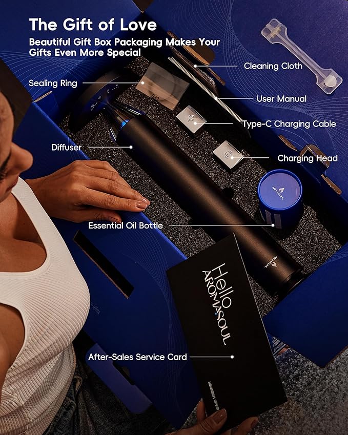 Waterless Scent Diffuser Starter Kit - 1500 Sq Ft Coverage, Alloy Atomization System,Mood Light,Smart Rechargeable Hotel Scent Diffuser, Including 120ml Essential Oil, for Home,Large Room,Spa,Black