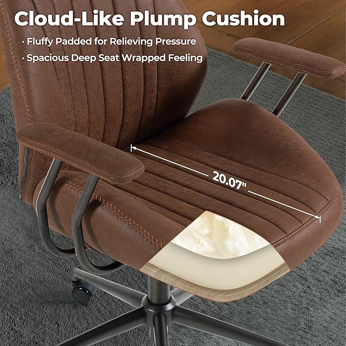 ovios Ergonomic Office Chair, High Back Faux Leather Executive Chairs with Armrests, Comfy High-Century Modern Swivel Rolling Computer Armchair (Dark Brown, Suede Leather)