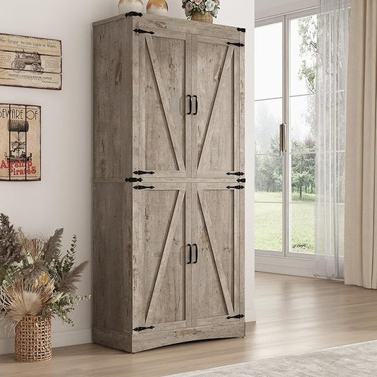 71" Tall Kitchen Pantry,Farmhouse Storage Cabinet with Adjustable Shelves,Load-Bearing Steel Pipe,Farmhouse Pantry Cabinet with 4 Barn Doors,for Kitchen,Dining Room,Living Room(Light Rustic Oak)