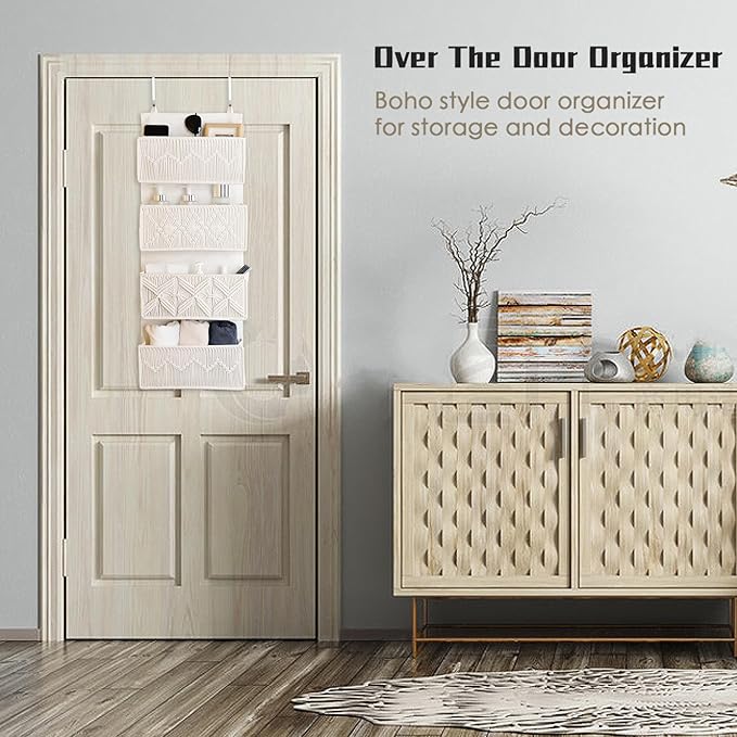 Over the Door Organizer Macrame Boho Nursery Storage with 4 Large Woven Pockets, Hanging Basket for Bathroom, Nursery & Closet Doors, Behind the Door Storage Organizer, Cream White