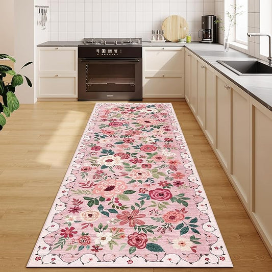 DUKINO 2x6 Kitchen Runner Rug for Hallway, Washable Runner Rug with Non Slip Backing, Low Pile Soft Boho Floral Carpet for Girls Room, Kitchen, Entryway, Laundry, Bedroom, Pink