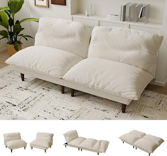 Futon Sofa Bed, 4 in 1 Multi-Functional Futon Couch with Adjustable Backrest, 75 inch Convertible Sleeper Sofa Bed and Recliner Lounge, Corduroy Loveseat for Living Room, Apartment, Beige