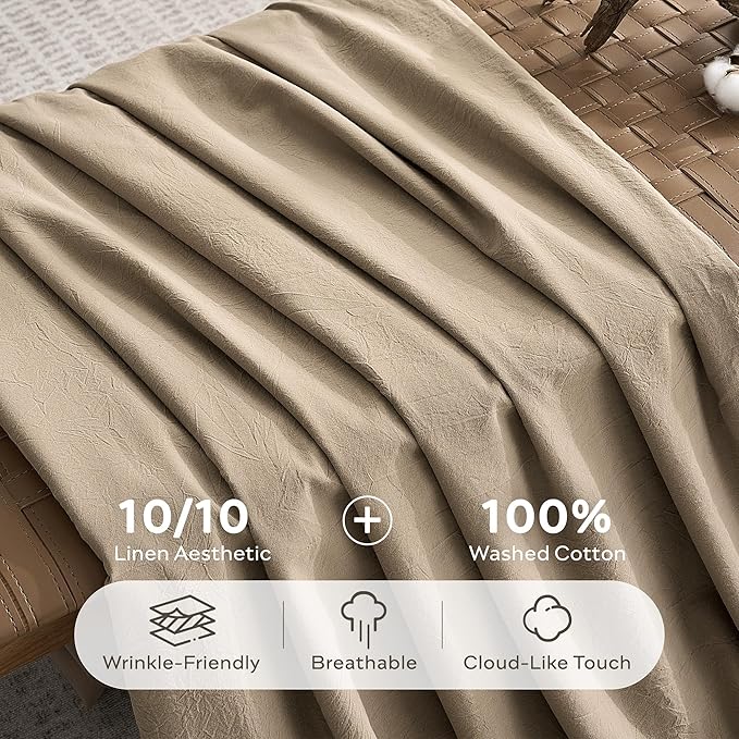 JELLYMONI Duvet Cover Full Size - Washed Cotton Comforter Cover with Linen-Like Texture,Breathable & Soft Bedding for Modern Home,Guest Room and Everyday Use,Dusty Khaki 1 Duvet Cover & 2 Pillowcases