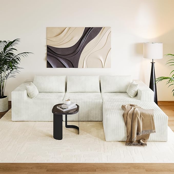 110" Cloud Couch Sectional for Living Room L-Shape Boneless Couches Modular Sectional Sofa with Deep Seat with Chaise,No Assembly Required, Carbon White(Plush Corduroy Fabric)