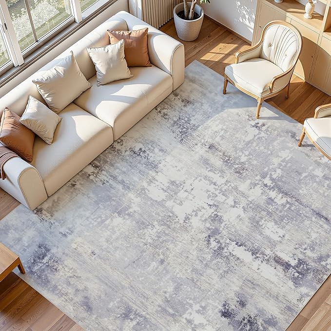 RCTJHOME 8'x10' Washable Area Rugs for Standard Sofa Living Room/Queen Bedroom, Ultra Soft Non-Slip Accent Large Carpet, Dining Room, Home Office, Low Pile Vintage Rug Light Grey White Watercolor