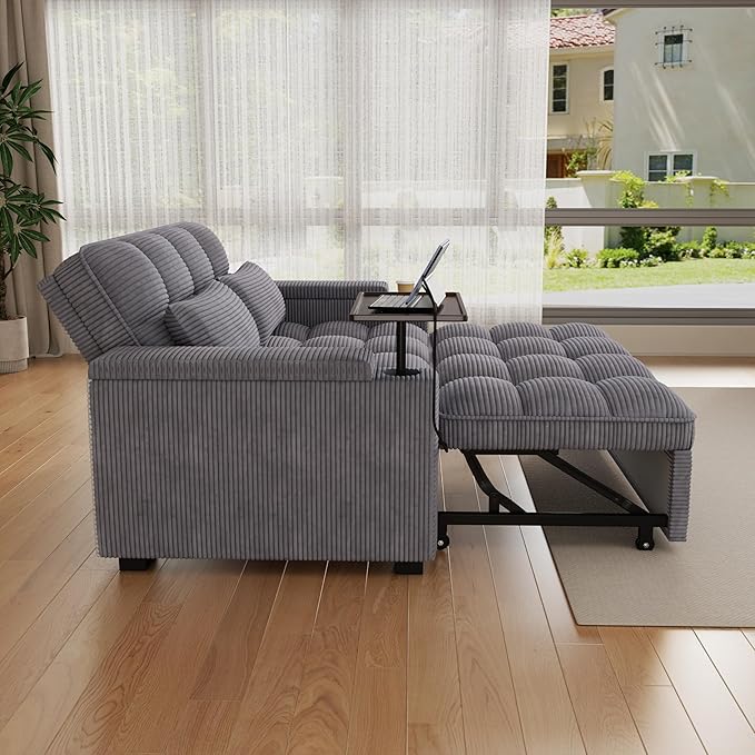 65" Sofa Bed, Loveseat 3-in-1 Sleeper Sofa with Pull Out Bed, 360° Swivel Side Table and USB, 2 Seater Convertible Small Couch for Living Room Apartment (Gray, Corduroy)