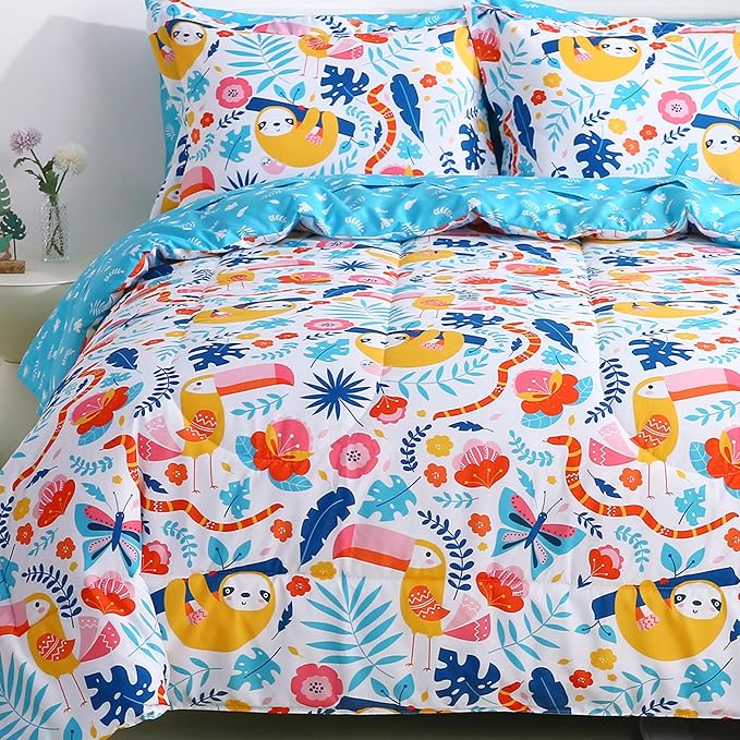 Viviland Kids Twin Bedding Sets for Girls, Boys Soft Twin Comforter Set with Sheets, 5 Pieces Microfiber Bed in a Bag, Sloth Rainforest