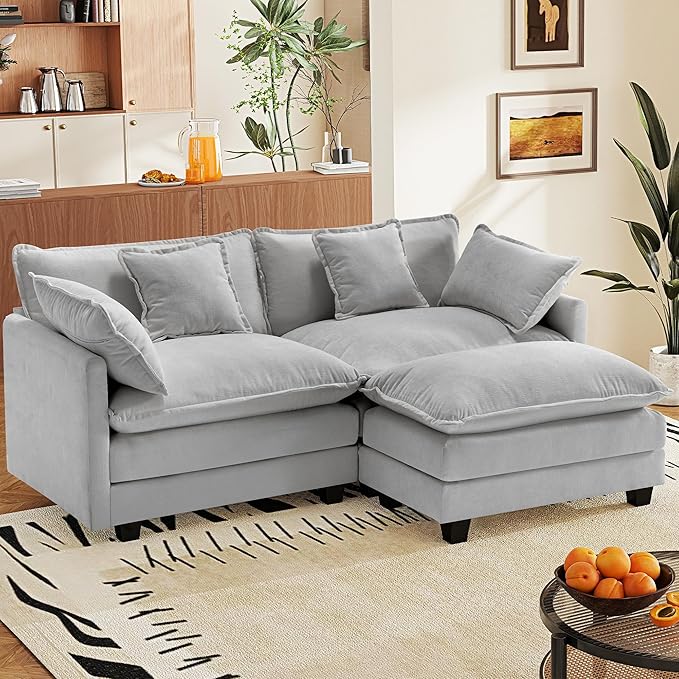 77.6" Modular Sectional Sofa,Loveseat Couch for Living Room, Modern Deep Seat Sofa 2 Seater Chenille Fabric Comfy Cloud Couches with Throw Pillows & Ottoman for Apartment,Small Spaces