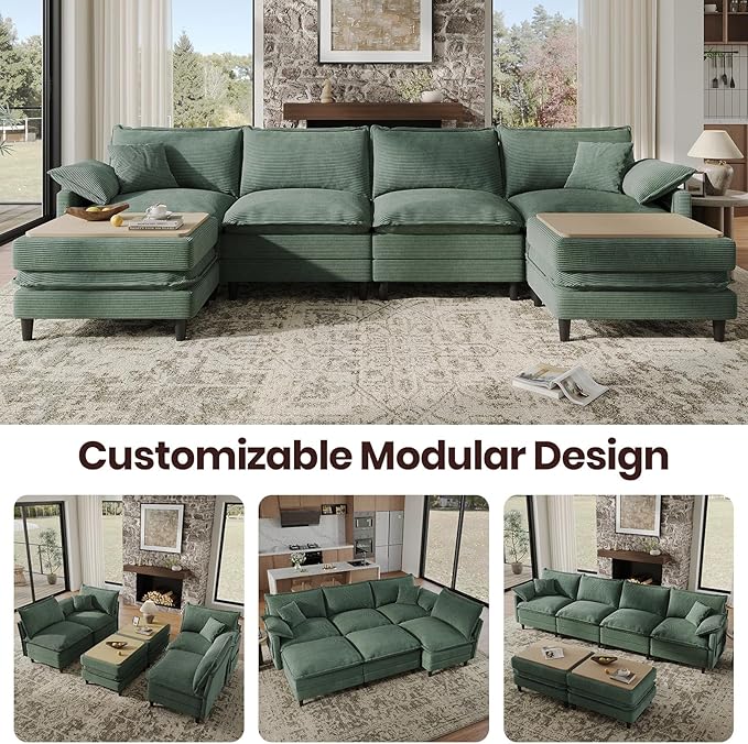143" U Shaped Modular Sectional Cloud Couch with Two Ottoman, Snap-on Easy Installation 6-Piece Deep Seat Sofa with Storage Bag and Coffee Table for Living Room, Corduroy, Green