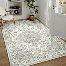 5x7 Washable Neutral Area Rug Green Vintage Living Room Bedroom Carpet Non-Slip Soft Low Pile Floral Indoor Throw Rug for Dining Room Entryway Office
