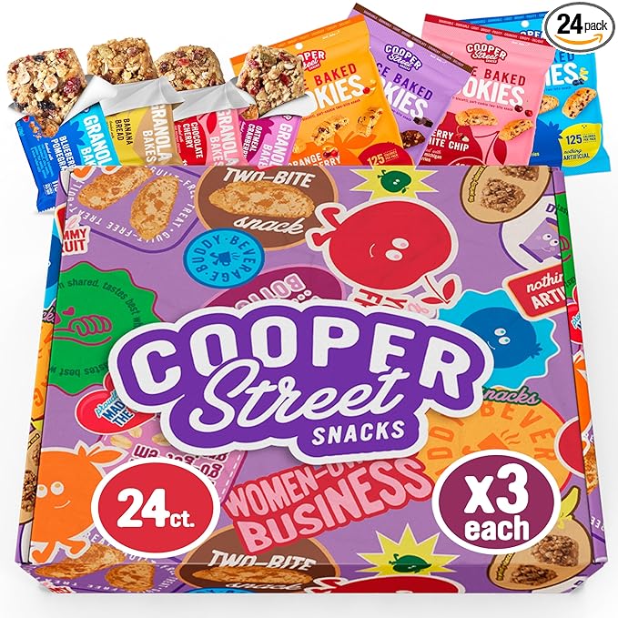 Cooper Street Snacks Variety Gift Box – 24 Count Assorted Flavors (Granola Bakes + Biscotti Cookies) – Healthy Snack Care Package for Birthday, Thank You, Holiday & Corporate Gifts – Nut & Dairy-Free