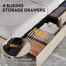 WLIVE Queen Size Upholstered Bed Frame with 4 Storage Drawers and Headboard, Velvet Platform Bedframe, Sturdy Metal & Wooden Slats Support, No Box Spring Needed, Easy Assembly, Beige