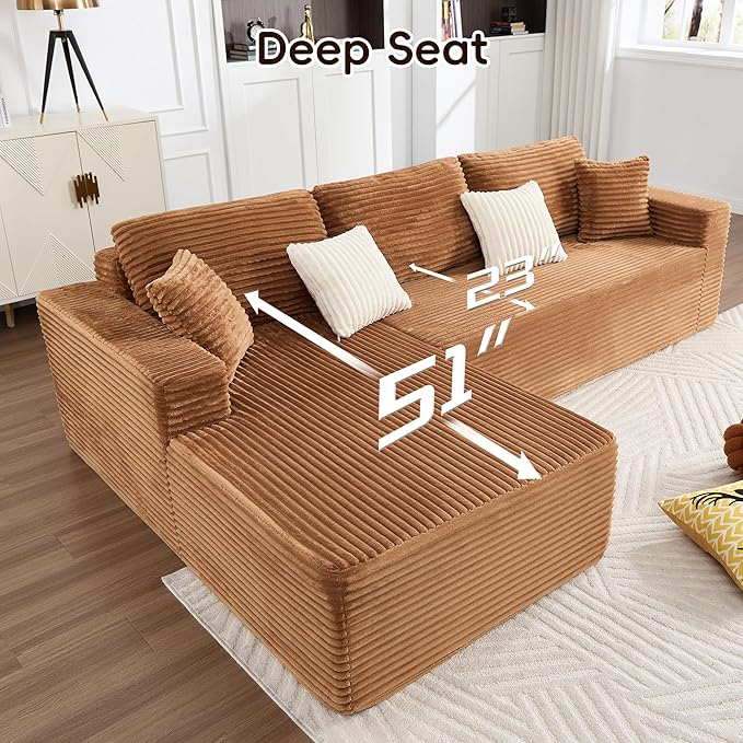 108" Boneless Couches for Living Room, Modular Sectional Sofa with Oversized Chaise, L-Shape Cloud Couch with Deep Seat, High-Density Memory Foam, No Assembly Required, Plush Corduroy Brown