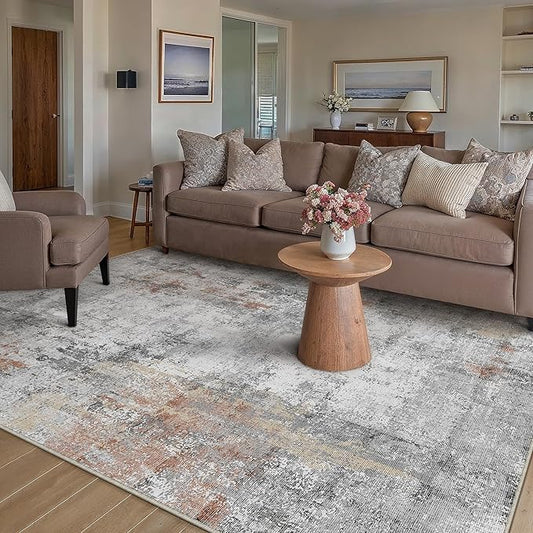 5x7 Washable Area Rug Grey Rust Abstract Living Room Bedroom Carpet Neutral Modern Non-Slip Soft Low Pile Lightweight Vacuumable Throw Rug for Dining Room Entryway