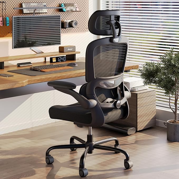 TRALT Ergonomic Office Chair - Desk Chair with Adjustable Headrest Lumbar Support Computer Chair - Mesh Comfy Chair with Flip-up Armrests - Gaming Chairs for Adults Home Office (Leather, Black)