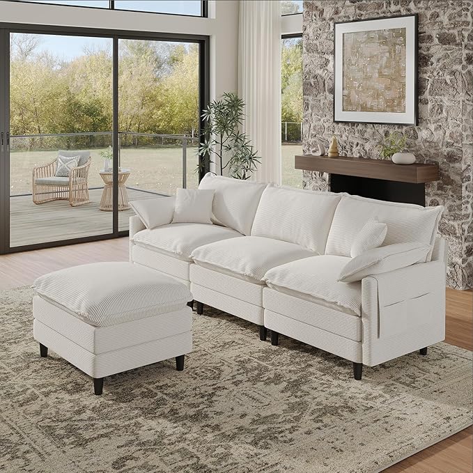 Ottoman for Modular Sectional Sofa, Ottoman Seat for Convertible Sectional, Single Sofa Couch for Living Room, Bedroom, Apartment, Corduroy, Beige