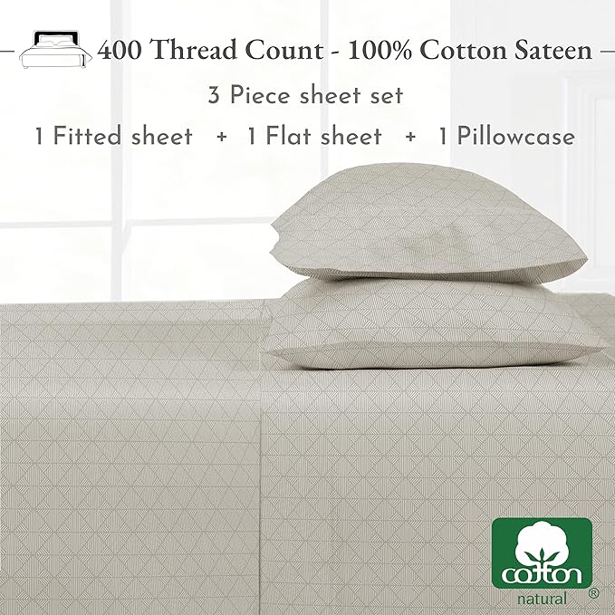 California Design Den Deep Pocket Twin Sheets Set - 400 Thread Count Sateen, Natural 100% Cotton Bed Sheets, Deep Pocket and Durable Bedding Set - Taupish-Sage Crosshatch CaliforniaDesignDen