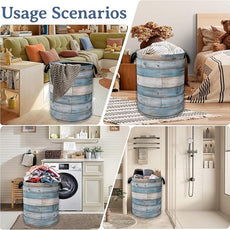 Rustic Wood Grain Laundry Basket,Foldable Waterproof Oxford Cloth Tote Bag Vintage Barn Wooden Laundry Hamper with Handles,20.8
