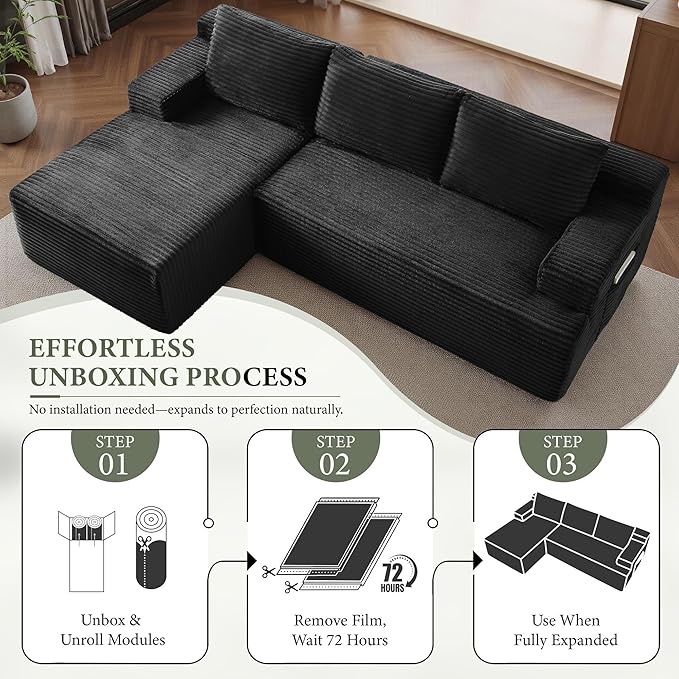 96''Sectional Couches for Living Room Modern Modular Sectional Sofa Upholstered Boneless Couch Comfy Cloud Couch with Chaise (Black, 96''W Left Facing Chaise)